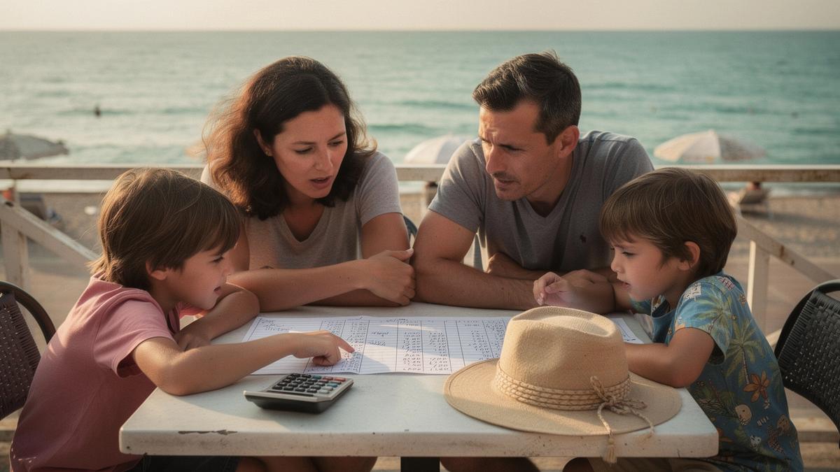 Parents and two children reviewing resort prices at a seaside cafe table