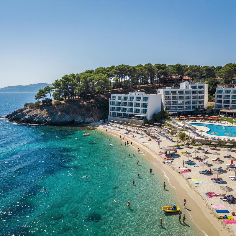Aerial view of a shallow sandy bay with a low-rise resort on the Turkish Riviera