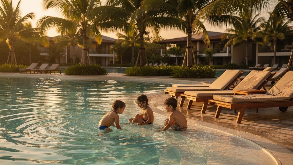Shallow lagoon pool at a family resort with sun loungers and young children paddling near the edge