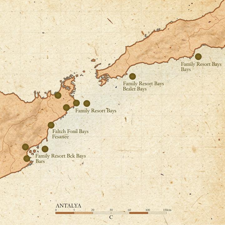 Coastal map tile of the Antalya region marking family resort areas