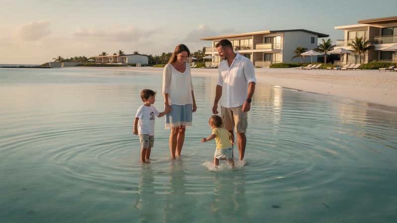 Parents and two young children wading in a shallow lagoon at a family resort