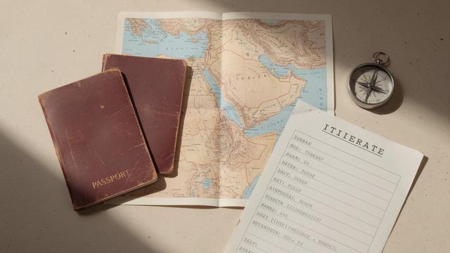 Passports, a folded paper map and a printed itinerary on a warm paper desk