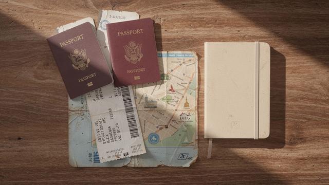 Passports, boarding passes and a folded map laid out on a table